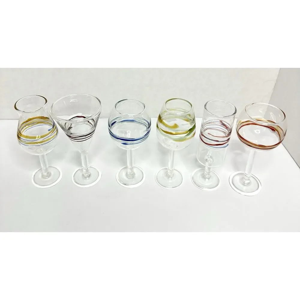 Vintage Hand Blown Multicolor Art Glass Cordial Glasses Set of 6 MCM Barware